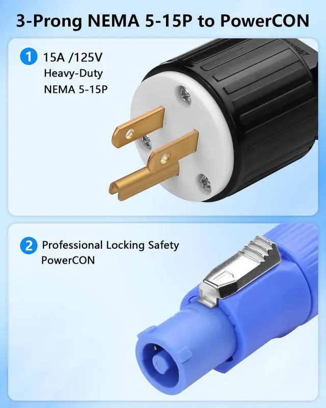 Alt view image 2 of 7 - 3-Prong NEMA 5-15P to PowerCON AC Power Cord, 13AWG 15A NEMA 5-15P to 3 Pin PowerCON Male Connector Extension Power Cable for Outdoor Stage Light Series LED Screen - 2M / 6.6FT