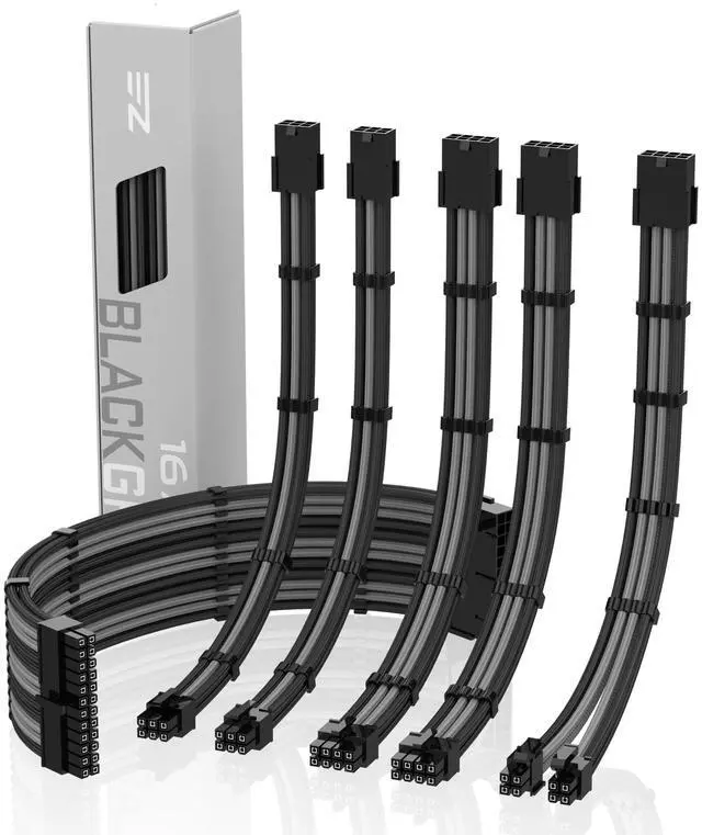 Main image of PSU Cable Extension Kit - Sleeved 16 AWG Custom Power Supply Extension 24/8/6/4+4-PIN with Combs - Black/Grey