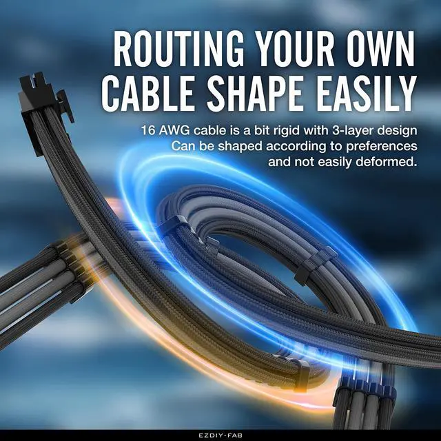 Alt view image 3 of 7 - PSU Cable Extension Kit - Sleeved 16 AWG Custom Power Supply Extension 24/8/6/4+4-PIN with Combs - Black/Grey