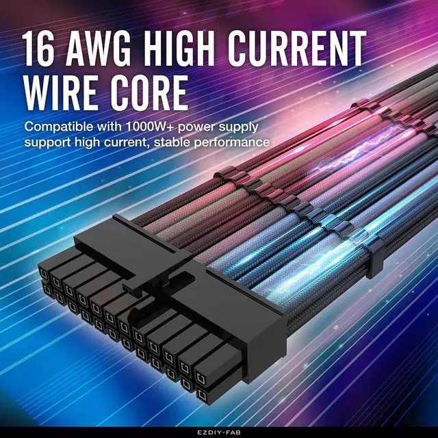 Alt view image 2 of 7 - PSU Cable Extension Kit - Sleeved 16 AWG Custom Power Supply Extension 24/8/6/4+4-PIN with Combs - Black/Grey