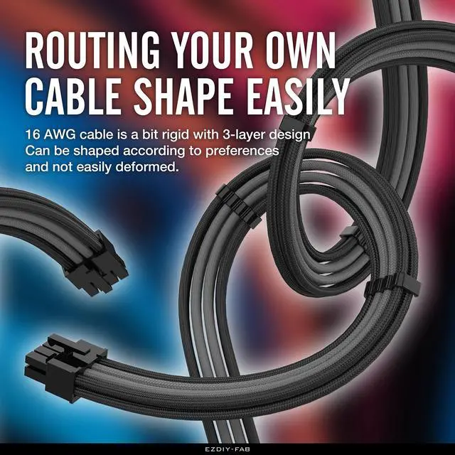 Alt view image 5 of 7 - PSU Cable Extension Kit - Sleeved 16 AWG Custom Power Supply Extension 24/8/6/4+4-PIN with Combs - Black/Grey