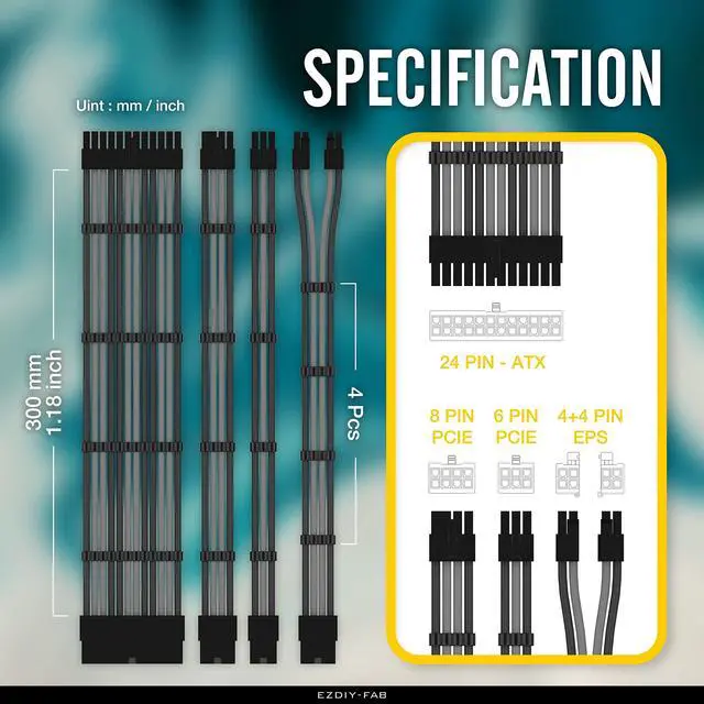 Alt view image 6 of 7 - PSU Cable Extension Kit - Sleeved 16 AWG Custom Power Supply Extension 24/8/6/4+4-PIN with Combs - Black/Grey