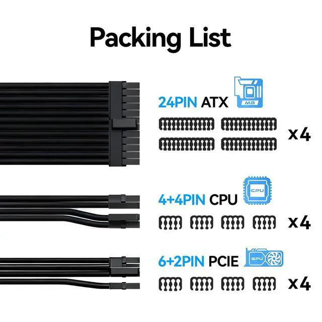 Alt view image 3 of 7 - 18AWG PSU Extension Cable Kit, PVC Fabric Texture, 1x24Pin ATX / 1x8Pin(4+4) CPU / 2x8Pin(6+2) GPU Cable Extension, 30cm with Combs, Black