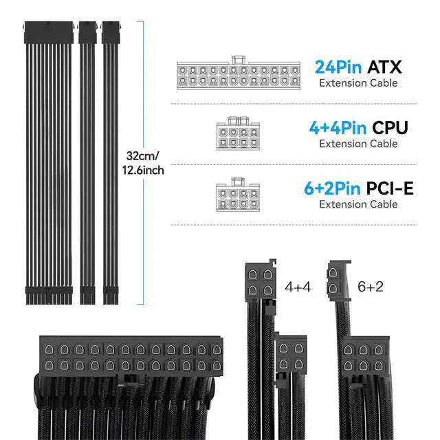 Alt view image 2 of 7 - 18AWG PSU Extension Cable Kit, PVC Fabric Texture, 1x24Pin ATX / 1x8Pin(4+4) CPU / 2x8Pin(6+2) GPU Cable Extension, 30cm with Combs, Black