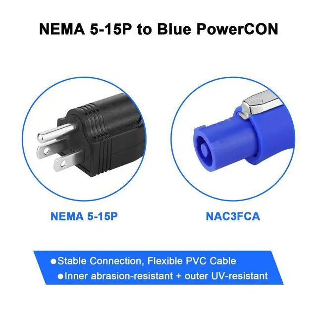 Alt view image 2 of 6 - 2 Pack Stage Light PowerCON Cable with 3 Prong Plug, 20A 3Pin 16AWG, Male to Male Power Cable for Outdoor Stage Lighting Series-1M/3FT (2PC)