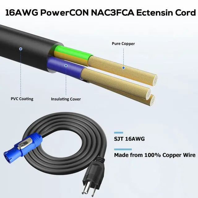 Alt view image 3 of 6 - 3-Prong NEMA 5-15P to PowerCON AC Power Cable Cord 20A 3 Pin PowerCon Input Male Connector to NEMA 5-15P Male Extension Power Wire 16AWG for Outdoor Stage Light LED Screen-6FT