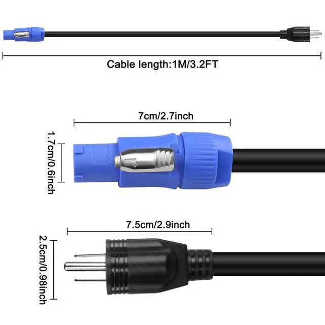Alt view image 2 of 6 - 3-Prong NEMA 5-15P to PowerCON AC Power Cable Cord 20A 3 Pin PowerCon Input Male Connector to NEMA 5-15P Male Extension Power Wire 16AWG for Outdoor Stage Light LED Screen-1M/3.2FT