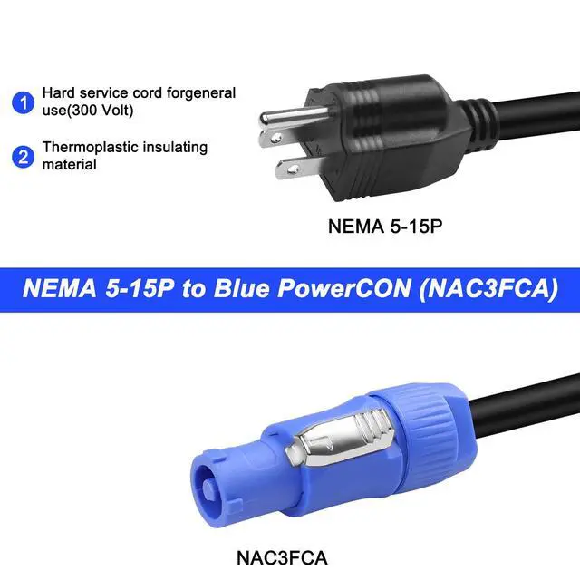 Alt view image 3 of 6 - 3-Prong NEMA 5-15P to PowerCON AC Power Cable Cord 20A 3 Pin PowerCon Input Male Connector to NEMA 5-15P Male Extension Power Wire 16AWG for Outdoor Stage Light LED Screen-1M/3.2FT