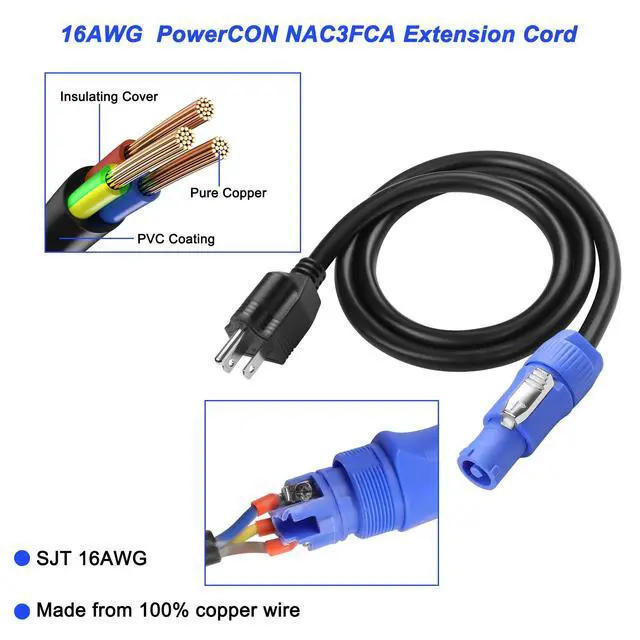 Alt view image 4 of 6 - 3-Prong NEMA 5-15P to PowerCON AC Power Cable Cord 20A 3 Pin PowerCon Input Male Connector to NEMA 5-15P Male Extension Power Wire 16AWG for Outdoor Stage Light LED Screen-1M/3.2FT