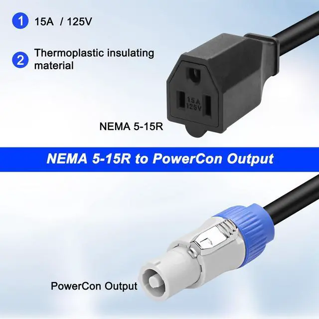 Alt view image 3 of 7 - 3-Prong NEMA 5-15R to PowerCon Power Cable Cord 15A 125V 3 Pin PowerCon Output Male Connector to NEMA 5-15R Female Extension Power Wire 16AWG for Outdoor Stage Light LED Screen-1M/3.2FT