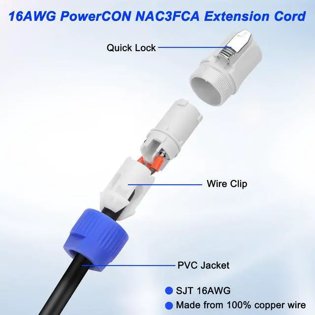 Alt view image 4 of 7 - 3-Prong NEMA 5-15R to PowerCon Power Cable Cord 15A 125V 3 Pin PowerCon Output Male Connector to NEMA 5-15R Female Extension Power Wire 16AWG for Outdoor Stage Light LED Screen-1M/3.2FT