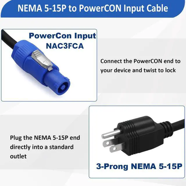Alt view image 2 of 7 - 16AWG 3-Prong NEMA 5-15P to PowerCON Cable 15A 3 Pin PowerCon Input to NEMA 5-15P Male Connector Extension Power Cord for Outdoor Stage Light LED Screen (1M/3.2FT)