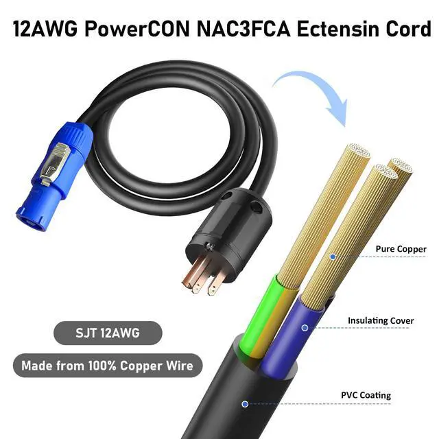 Alt view image 5 of 7 - 12AWG PowerCON Cable, NEMA 5-15p to PowerCON Connector, AC Power Cable 20A 3 Pin Input Male Connector Extension Wire for Outdoor Stage Light LED Screen (6FT)