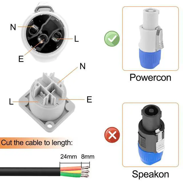 Alt view image 4 of 7 - for Powercon Connector 3 Pin Male Panel Mount Female for Neutrik Power Cable, AC 250V 20A Plug Jack Adapter for Stage Light LED Screen Audio Equipment, 8 Pcs