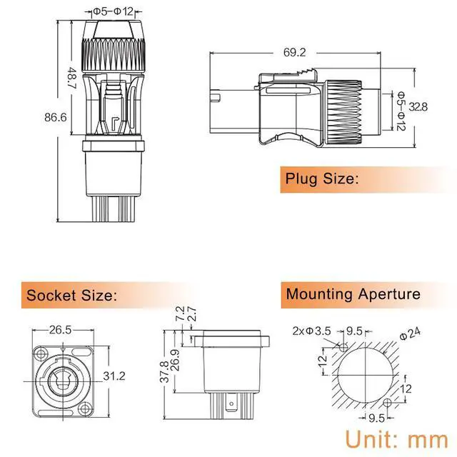 Alt view image 6 of 7 - for Powercon Connector 3 Pin Male Panel Mount Female for Neutrik Power Cable, AC 250V 20A Plug Jack Adapter for Stage Light LED Screen Audio Equipment, 8 Pcs