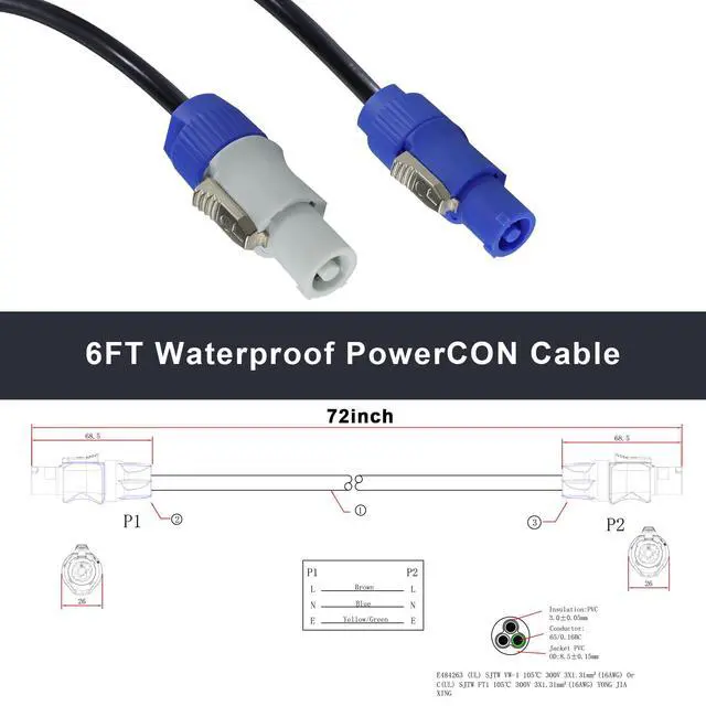 Alt view image 2 of 7 - PowerCon to PowerCon Cable - 6FT NAC3FCA to NAC3FCB 20A AC PowerCon Connector 16AWG 3 Pin Power Extension Cable for Stage Light/LED Screen