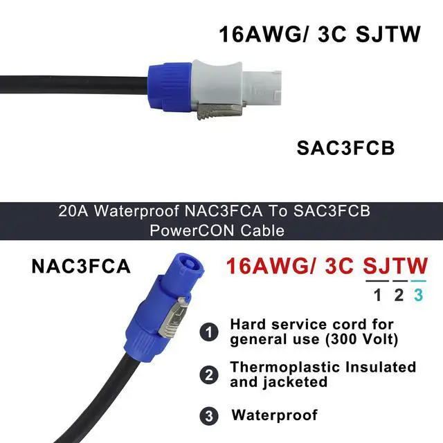 Alt view image 3 of 7 - PowerCon to PowerCon Cable - 6FT NAC3FCA to NAC3FCB 20A AC PowerCon Connector 16AWG 3 Pin Power Extension Cable for Stage Light/LED Screen