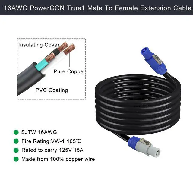 Alt view image 4 of 7 - PowerCon to PowerCon Cable - 6FT NAC3FCA to NAC3FCB 20A AC PowerCon Connector 16AWG 3 Pin Power Extension Cable for Stage Light/LED Screen