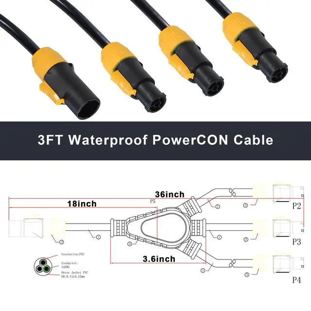 Alt view image 2 of 7 - 1 to 3 Outlet Ture1 powerCON Cable - 3FT 14AWG PowerCon True1 Male to 3X Female Extension Y Splitter Cable, Heavy Duty Outdoor 20A Waterproof True Connector for Stage Light/Speaker(SAC3MX - SAC3FX)