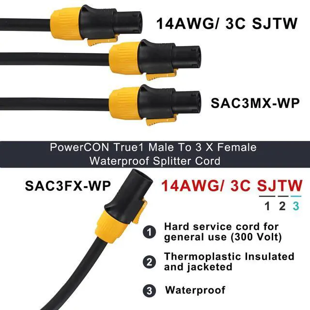 Alt view image 7 of 7 - 1 to 3 Outlet Ture1 powerCON Cable - 3FT 14AWG PowerCon True1 Male to 3X Female Extension Y Splitter Cable, Heavy Duty Outdoor 20A Waterproof True Connector for Stage Light/Speaker(SAC3MX - SAC3FX)
