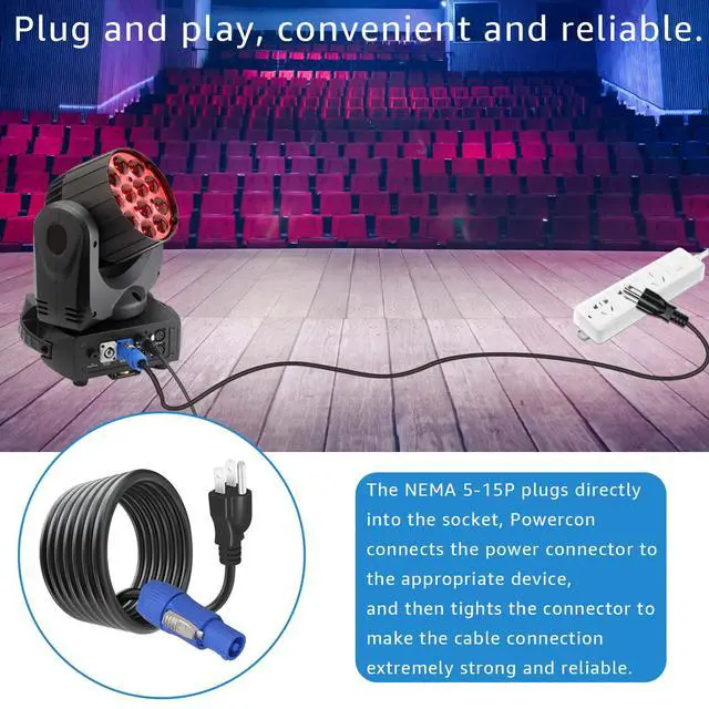 Alt view image 6 of 7 - 3-Prong NEMA 5-15P to PowerCON Cable 20A 3 Pin PowerCon Input Connector to NEMA 5-15P Connector Cord for Outdoor Stage Light LED Screen- 3M/9.8FT
