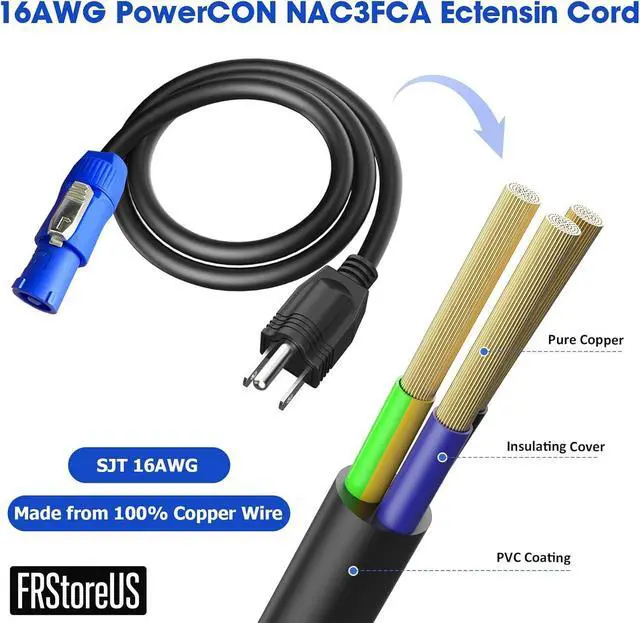 Alt view image 4 of 5 - 3-Prong NEMA 5-15P to PowerCON AC Power, 20A 3-Pin Male Connector to NEMA 5-15P Plug, 16AWG Heavy Duty Power Cable for Outdoor Stage Lighting, LED Screen, DJ Equipment - 1M/3.2FT
