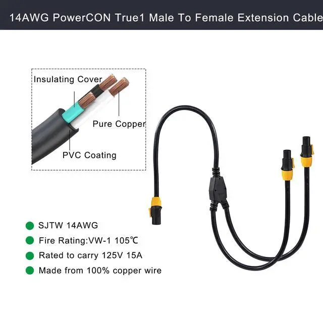 Alt view image 3 of 6 - 1 to 2 Outlet True1 powerCON Cable - 3FT 14AWG PowerCon True1 Male to 2X Female Extension Y Splitter Cable, Heavy Duty Outdoor 20A Waterproof True Connector for Stage Light/Speaker(SAC3MX - SAC3FX)