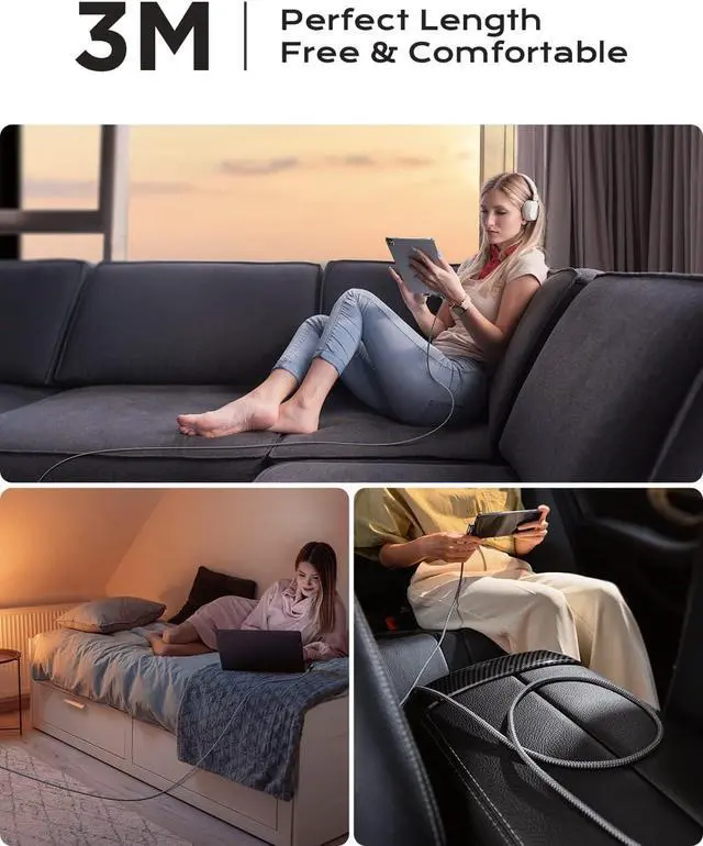 Alt view image 6 of 6 - 240W Long USB C Cable Multi 4 in 1 Charging Cable Fast Charging C Type Charger Fast Charge USB to USB C,Right Angle Fit iPhone 17 16 15 Pro Max iPad Samsung 10FT Black