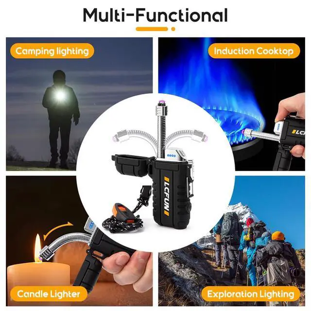 Alt view image 6 of 7 - Electric Dual Arc Lighter USB Rechargeable, Windproof Plasma Lighters with LED Battery Indicator, Waterproof Flashlight Lighter with Whistle Lanyard for Camping, Survival Gear