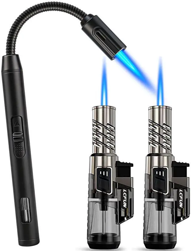 Main image of 2 Pack Torch Lighters and 1 Pack Butane Lighter Long Stem, Adjustable Single Flame and Visible Fuel Tank