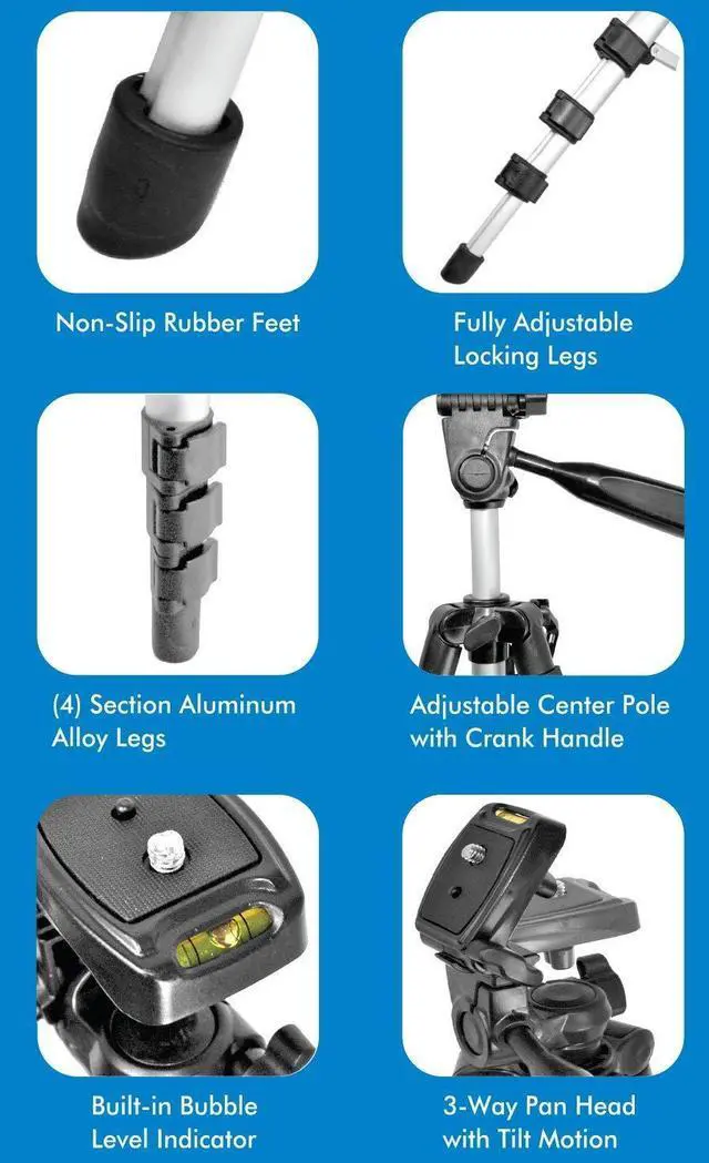 Alt view image 5 of 5 - Lightweight Portable Camera Tripod Stand with Carrying Bag for Sony, Nikon, Canon, Olympus, Pentax, Panasonic, Samsung Cameras and Camcorders (50")