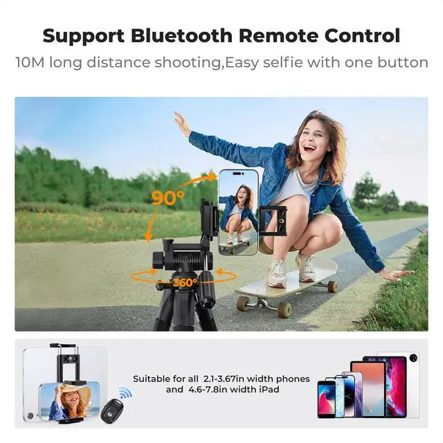 Alt view image 7 of 7 - Camera Tripod, 68" Lightweight Portable Travel Outdoor DSLR Tripods for Camera Phone Video Recording Tripod Stand, Cellphone Clip for Smartphone Live Streaming Vlog S254A3+BV01