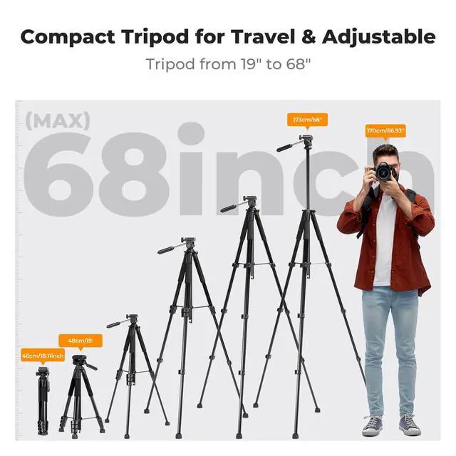 Alt view image 4 of 7 - Camera Tripod, 68" Lightweight Portable Travel Outdoor DSLR Tripods for Camera Phone Video Recording Tripod Stand, Cellphone Clip for Smartphone Live Streaming Vlog S254A3+BV01