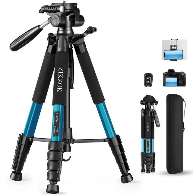 Main image of 75" Heavy Duty Camera Tripod Stand - Max Load 15LB, Aluminum Travel Tripod for DSLR/Phone/Tablet/Projector, 3-Way Pan Head & Quick Release Plate, Compact Foldable Design (Blue)