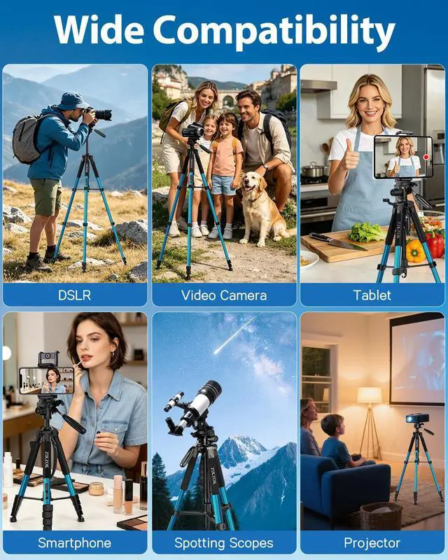 Alt view image 2 of 7 - 75" Heavy Duty Camera Tripod Stand - Max Load 15LB, Aluminum Travel Tripod for DSLR/Phone/Tablet/Projector, 3-Way Pan Head & Quick Release Plate, Compact Foldable Design (Blue)