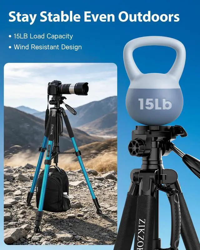 Alt view image 3 of 7 - 75" Heavy Duty Camera Tripod Stand - Max Load 15LB, Aluminum Travel Tripod for DSLR/Phone/Tablet/Projector, 3-Way Pan Head & Quick Release Plate, Compact Foldable Design (Blue)