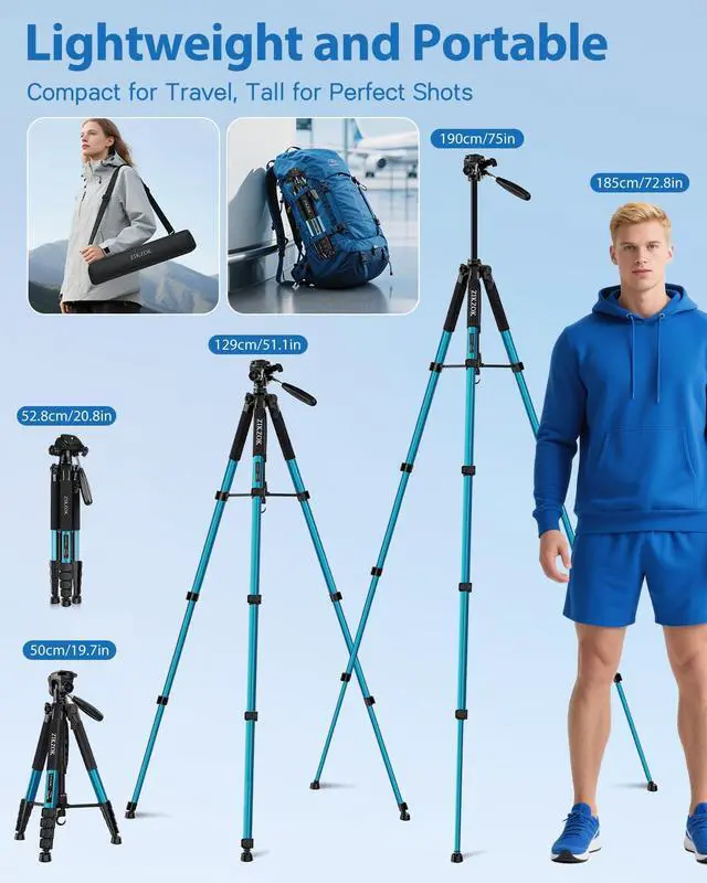 Alt view image 4 of 7 - 75" Heavy Duty Camera Tripod Stand - Max Load 15LB, Aluminum Travel Tripod for DSLR/Phone/Tablet/Projector, 3-Way Pan Head & Quick Release Plate, Compact Foldable Design (Blue)