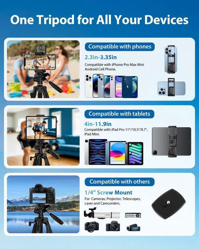 Alt view image 5 of 7 - 75" Heavy Duty Camera Tripod Stand - Max Load 15LB, Aluminum Travel Tripod for DSLR/Phone/Tablet/Projector, 3-Way Pan Head & Quick Release Plate, Compact Foldable Design (Blue)