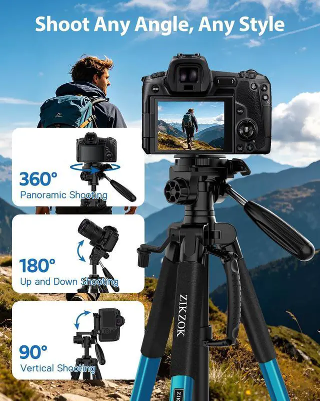 Alt view image 7 of 7 - 75" Heavy Duty Camera Tripod Stand - Max Load 15LB, Aluminum Travel Tripod for DSLR/Phone/Tablet/Projector, 3-Way Pan Head & Quick Release Plate, Compact Foldable Design (Blue)