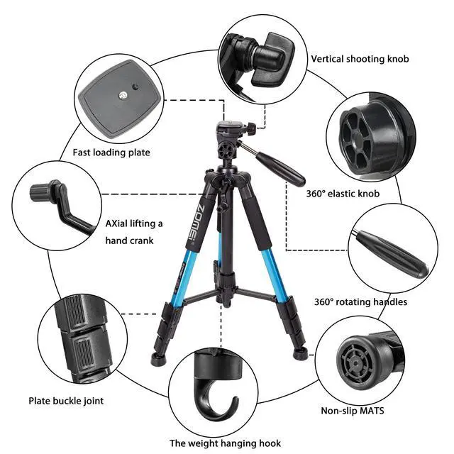 Alt view image 7 of 7 - Portable 55-inch Camera Tripod Q111 Lightweight Phone Stand with Phone Holder and Quick Release Plate for DSLR Cameras,Cell Phones,Projector,Webcam,Spotting Scopes Canon EOS Nikon Sony Samsung(Blue)