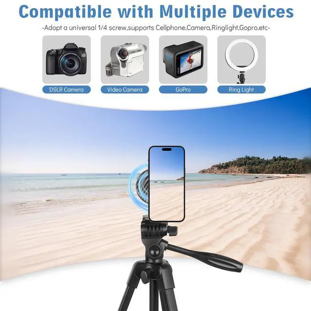 Alt view image 4 of 5 - 55" Phone Tripod, PHOPIK Aluminum Extendable Tripod Stand with Shutter, Carrying Bag, Compatible with iPhone/Android/Sport Camera&Insta 360 x5 Perfect for Video Recording/Selfies/Live Stream/Vlogging