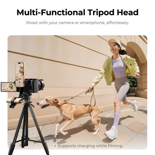 Alt view image 3 of 7 - Lightweight Camera Tripod for Phone, 16.7"(42.5cm) Folded with Quick Release Plate, Phone Holder & Strap, Max 62.2"(158cm) Height, 3kg Load, Camera Stand for Photography & DSLR/iPhone