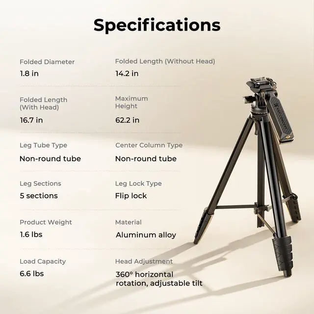 Alt view image 7 of 7 - Lightweight Camera Tripod for Phone, 16.7"(42.5cm) Folded with Quick Release Plate, Phone Holder & Strap, Max 62.2"(158cm) Height, 3kg Load, Camera Stand for Photography & DSLR/iPhone