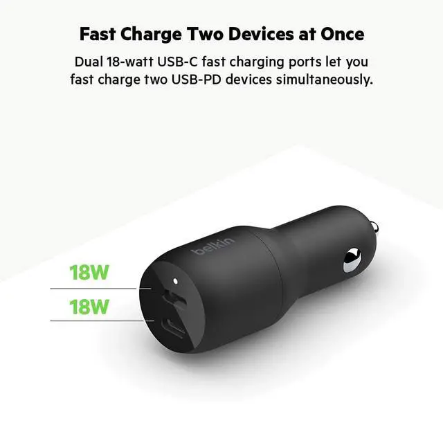 Alt view image 3 of 5 - 36-Watt Dual-USB Car Charger - Power Delivery 2 18W USB-C Ports with PPS Charging Apple iPhone 14, 14 Pro, 14 Pro Max, iPhone 13, 13 Pro, 13 Pro Max Samsung Galaxy, AirPods - USB-C Charger