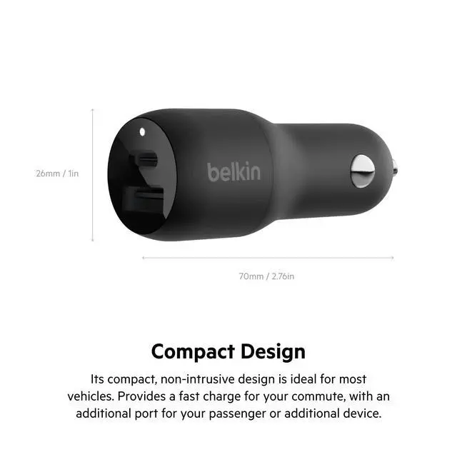 Alt view image 2 of 2 - 37 Watt Dual USB Car Charger - Power Delivery 25W USB C Port & 12W USB A Port for PPS Charging Apple iPhone 14, 14 Pro, 14 Pro Max, iPhone 13, Samsung Galaxy, AirPods - Included Lightning Cable