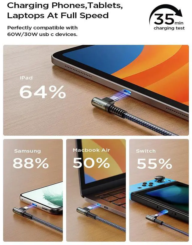 Alt view image 7 of 7 - USB C to USB C Cable 60W, 16.4ft USB Type C Cable Right Angle, Compatible with Samsung Galaxy S21 S20, Note 20 Ultra 10 9 8, MacBook Air/Pro 13'', iPad mini 6/Pro/Air 2020 (16.4FT, Grey)