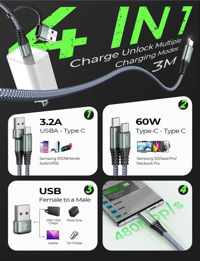 Alt view image 3 of 7 - USB C to USB C Cable, 3 FT USB C Cable Fast Charging with USB to USB C Adapter, 60W USB to USBC Cable for iPhone 17 Pro Max Air Type C Cable for iPhone 16/15/14/13/12, Grey