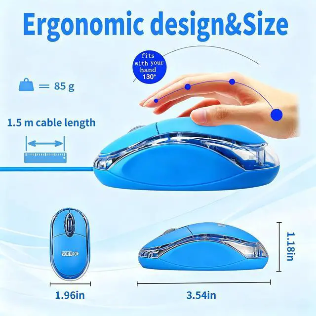 Alt view image 2 of 7 - Kids Mouse for Laptop USB Ergonomic Optical Mouse Blue Color 1.5M Cable