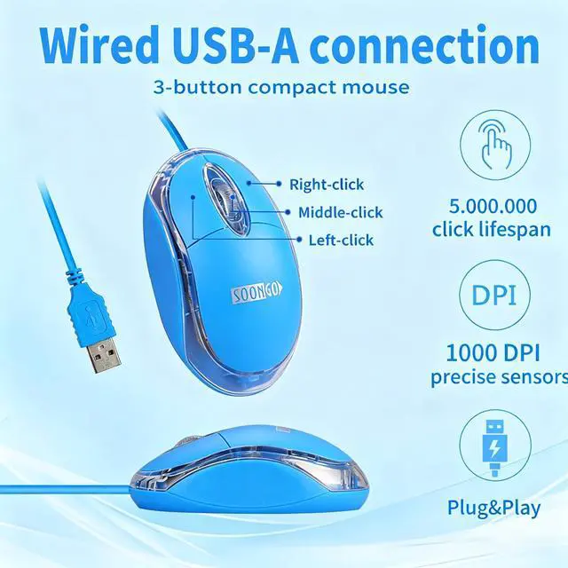 Alt view image 3 of 7 - Kids Mouse for Laptop USB Ergonomic Optical Mouse Blue Color 1.5M Cable