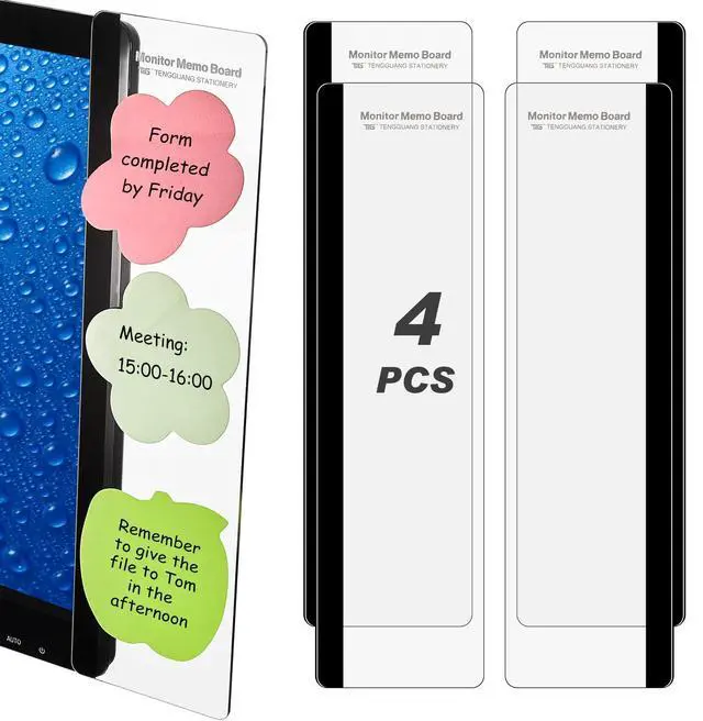 Main image of 4 Pieces Monitor Memo Board, Memo Boards for Computers Transparent Acrylic Monitor Side Panel Office Desk Accessories Desktop Computer Sticky Note Holder for Office Home Work Desk